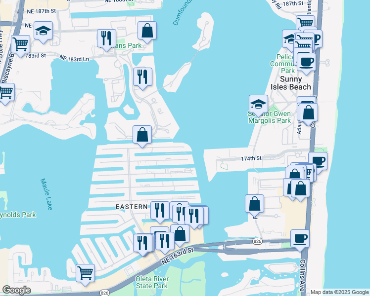 map of restaurants, bars, coffee shops, grocery stores, and more near 3912 Northeast 171 Street in North Miami Beach