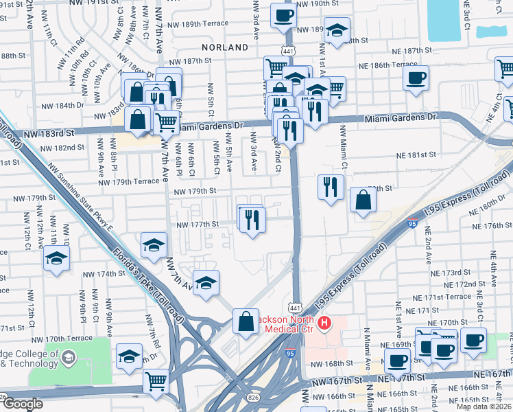 map of restaurants, bars, coffee shops, grocery stores, and more near 395 Northwest 177th Street in Miami