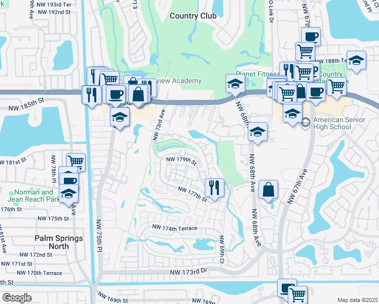 map of restaurants, bars, coffee shops, grocery stores, and more near 7195 Northwest 179th Street in Hialeah