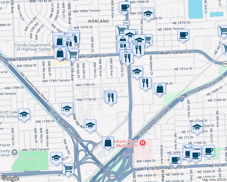 map of restaurants, bars, coffee shops, grocery stores, and more near 301 Northwest 177th Street in Miami