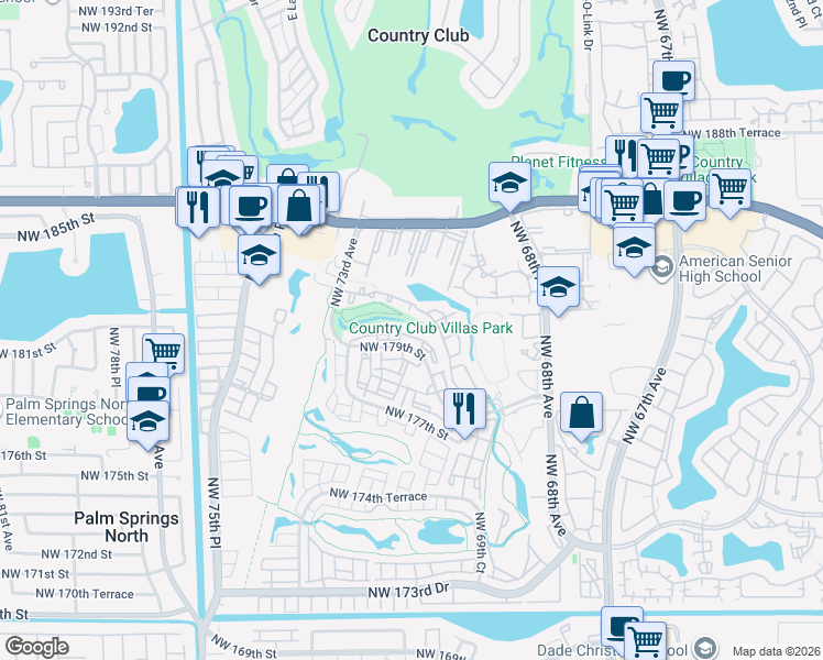 map of restaurants, bars, coffee shops, grocery stores, and more near 7195 Northwest 179th Street in Hialeah