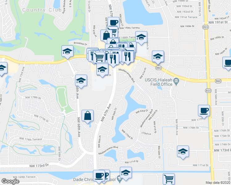 map of restaurants, bars, coffee shops, grocery stores, and more near 6649 Northwest 181st Terrace in Hialeah