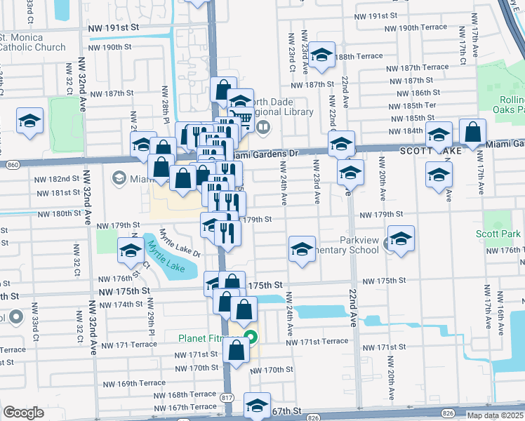 map of restaurants, bars, coffee shops, grocery stores, and more near 2460 Northwest 179th Terrace in Miami Gardens