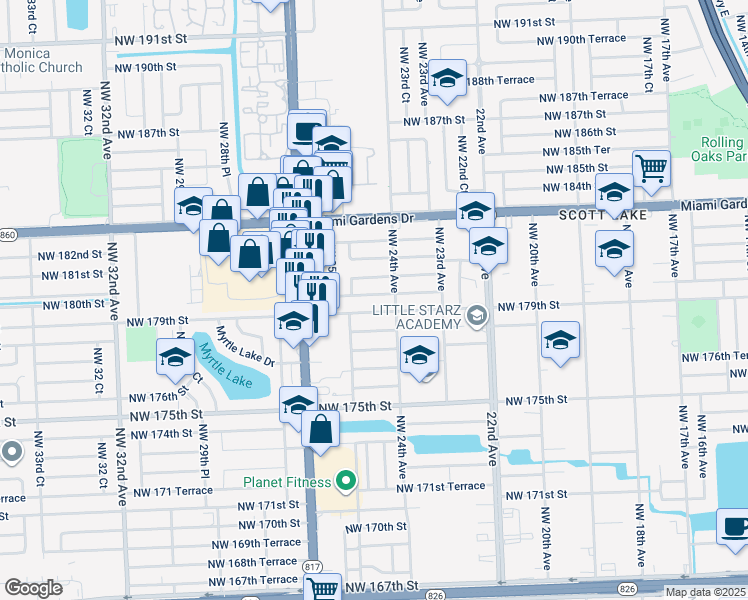 map of restaurants, bars, coffee shops, grocery stores, and more near 2460 Northwest 179th Terrace in Miami Gardens