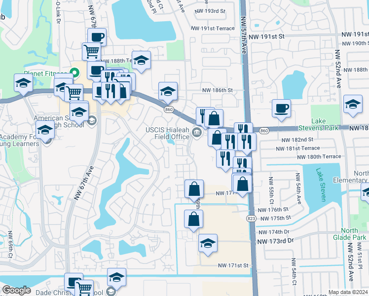 map of restaurants, bars, coffee shops, grocery stores, and more near 18160 Northwest 59th Avenue in Hialeah