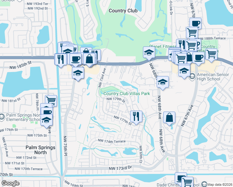map of restaurants, bars, coffee shops, grocery stores, and more near 7195 Northwest 179th Street in Hialeah