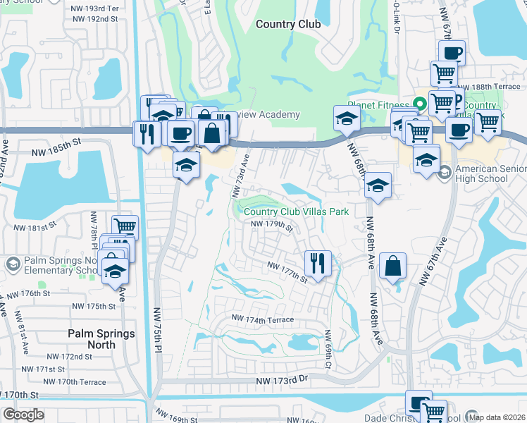 map of restaurants, bars, coffee shops, grocery stores, and more near 7235 Northwest 179th Street in Hialeah