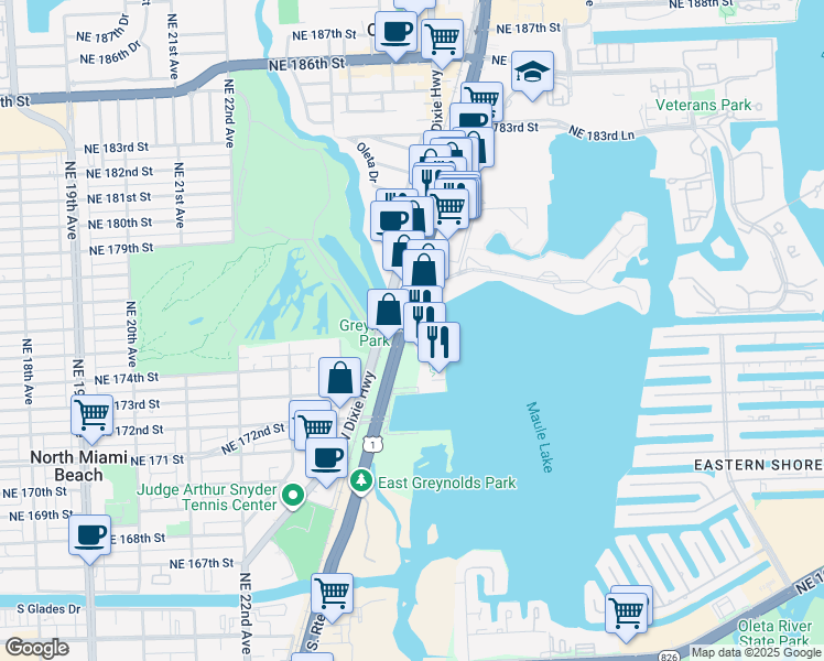 map of restaurants, bars, coffee shops, grocery stores, and more near 17501 Biscayne Boulevard in Aventura