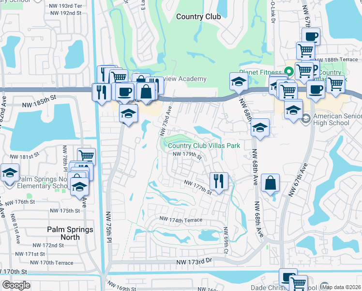 map of restaurants, bars, coffee shops, grocery stores, and more near 7235 Northwest 179th Street in Hialeah