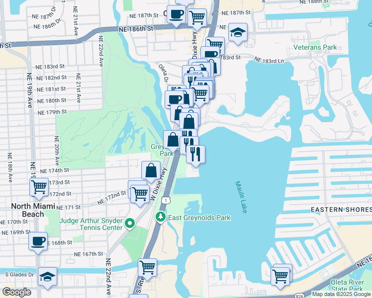 map of restaurants, bars, coffee shops, grocery stores, and more near 17501 Biscayne Boulevard in Aventura