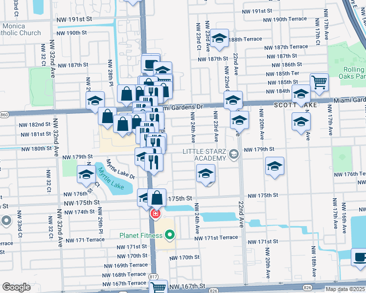 map of restaurants, bars, coffee shops, grocery stores, and more near 2460 Northwest 179th Terrace in Miami Gardens