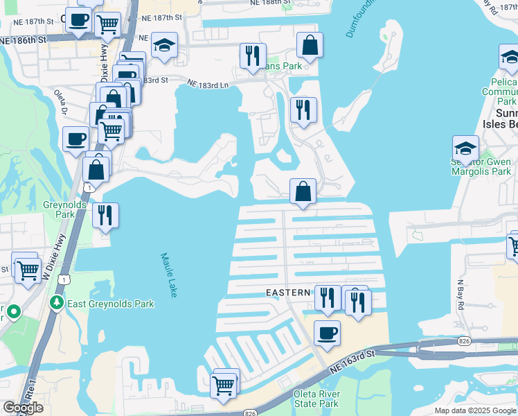 map of restaurants, bars, coffee shops, grocery stores, and more near 3363 Northeast 171 Street in North Miami Beach