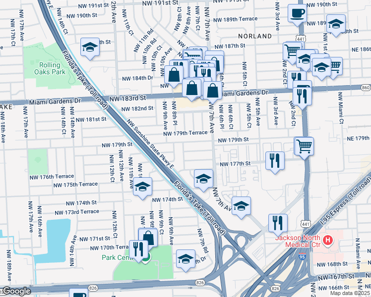 map of restaurants, bars, coffee shops, grocery stores, and more near 795 Northwest 178th Terrace in Miami
