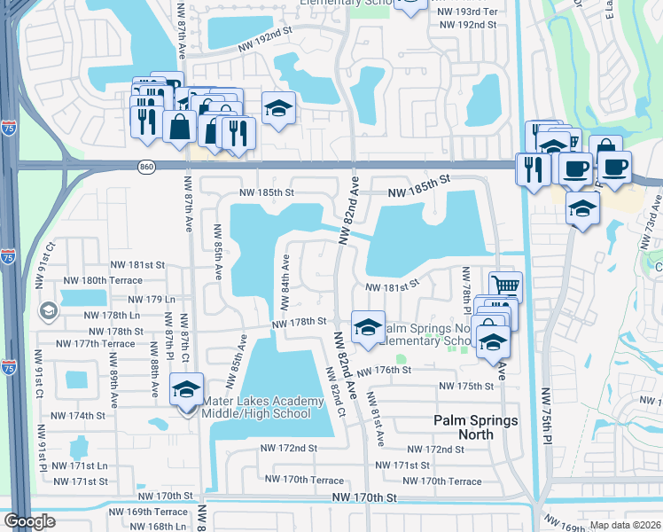 map of restaurants, bars, coffee shops, grocery stores, and more near 18120 Northwest 82nd Avenue in Hialeah
