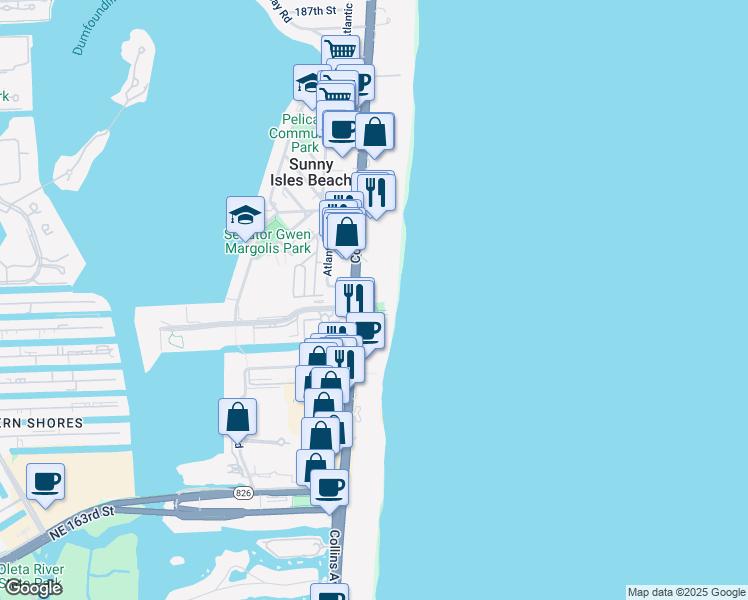 map of restaurants, bars, coffee shops, grocery stores, and more near 17475 Collins Avenue in Sunny Isles Beach