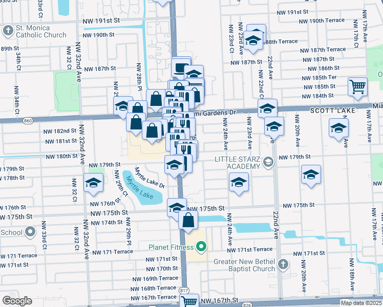 map of restaurants, bars, coffee shops, grocery stores, and more near 17920 Northwest 25th Court in Miami Gardens