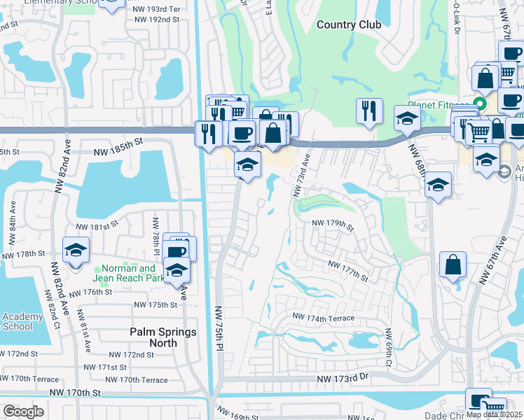 map of restaurants, bars, coffee shops, grocery stores, and more near 18137 Northwest 74th Court in Hialeah