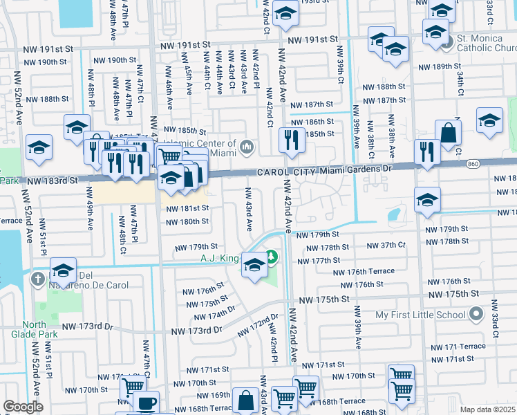map of restaurants, bars, coffee shops, grocery stores, and more near 18030 Northwest 42nd Place in Miami Gardens