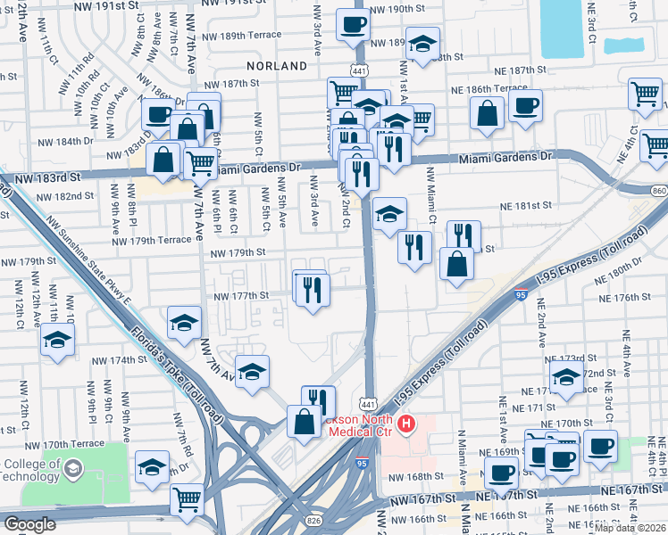map of restaurants, bars, coffee shops, grocery stores, and more near 271 Northwest 177th Street in Miami Gardens