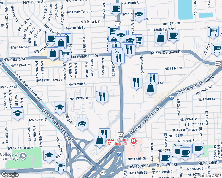 map of restaurants, bars, coffee shops, grocery stores, and more near 271 Northwest 177th Street in Miami Gardens