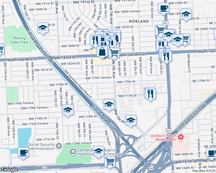map of restaurants, bars, coffee shops, grocery stores, and more near 735 Northwest 178th Terrace in Miami
