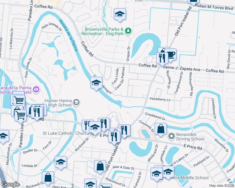 map of restaurants, bars, coffee shops, grocery stores, and more near 11 Casa De Amigos in Brownsville