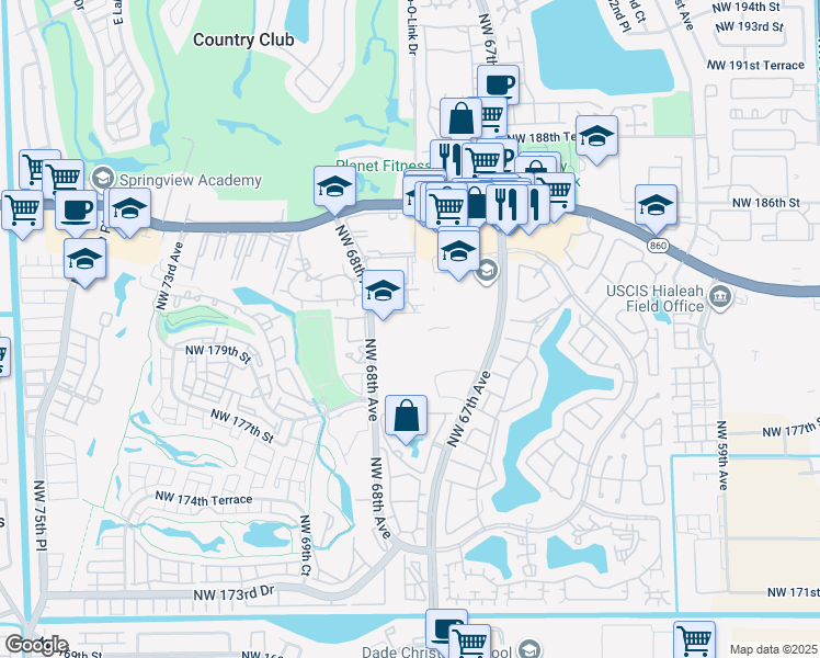 map of restaurants, bars, coffee shops, grocery stores, and more near 6752 Northwest 182nd Street in Hialeah