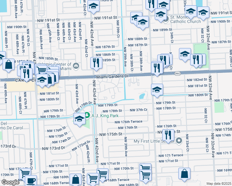 map of restaurants, bars, coffee shops, grocery stores, and more near 17957 Northwest 40th Court in Miami Gardens