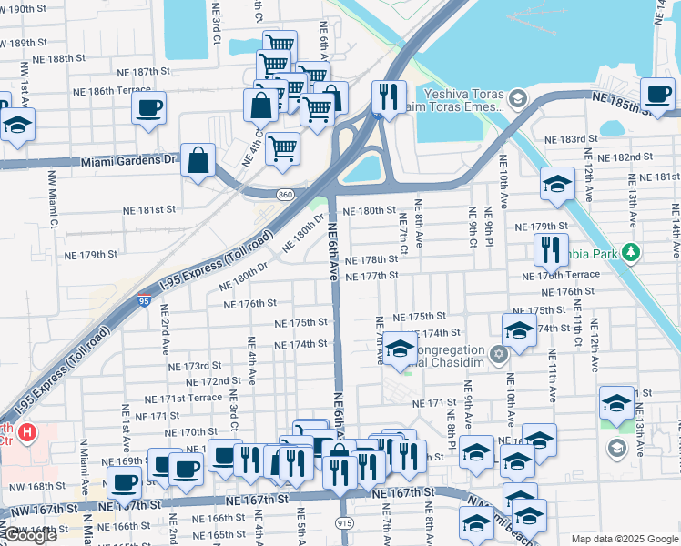 map of restaurants, bars, coffee shops, grocery stores, and more near 601 Northeast 177th Street in North Miami Beach