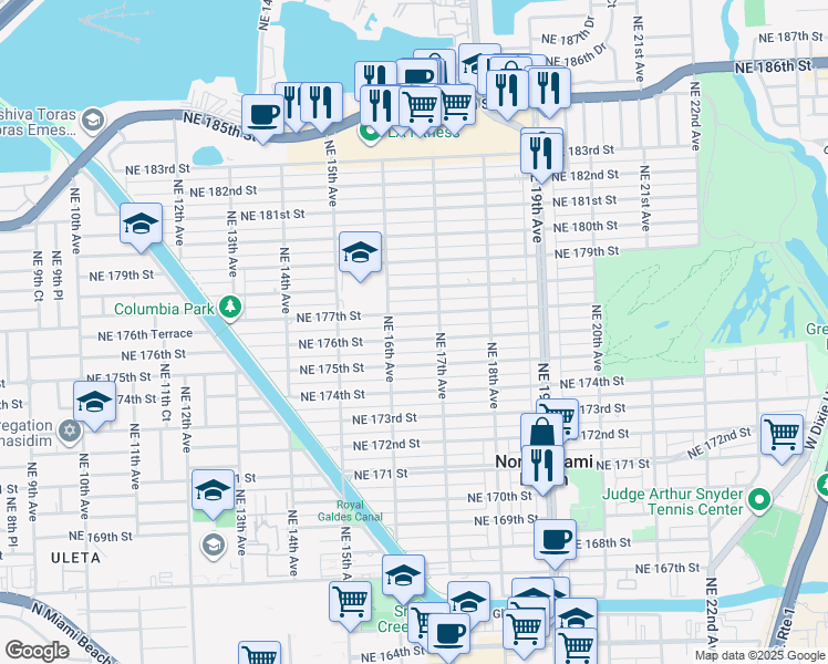 map of restaurants, bars, coffee shops, grocery stores, and more near 1655 Northeast 176th Street in North Miami Beach