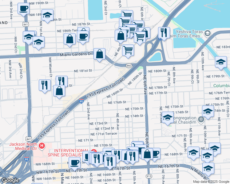 map of restaurants, bars, coffee shops, grocery stores, and more near 371 Northeast 180th Drive in North Miami Beach