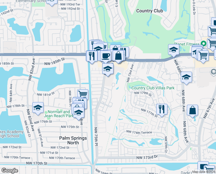 map of restaurants, bars, coffee shops, grocery stores, and more near 7489 Northwest 181st Street in Hialeah