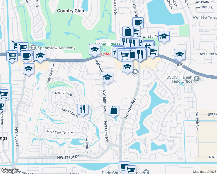 map of restaurants, bars, coffee shops, grocery stores, and more near 18191 Northwest 68th Avenue in Hialeah