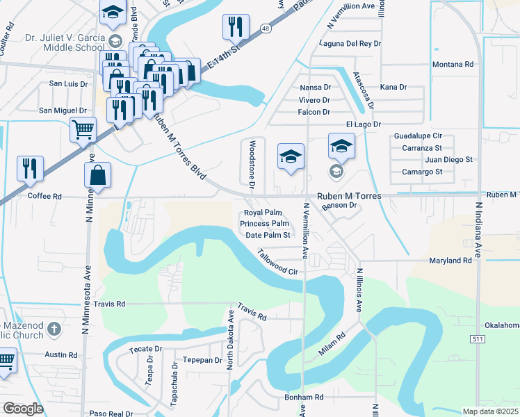 map of restaurants, bars, coffee shops, grocery stores, and more near 12 Royal Palm in Brownsville