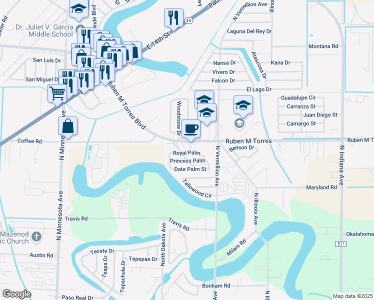 map of restaurants, bars, coffee shops, grocery stores, and more near 12 Royal Palm in Brownsville