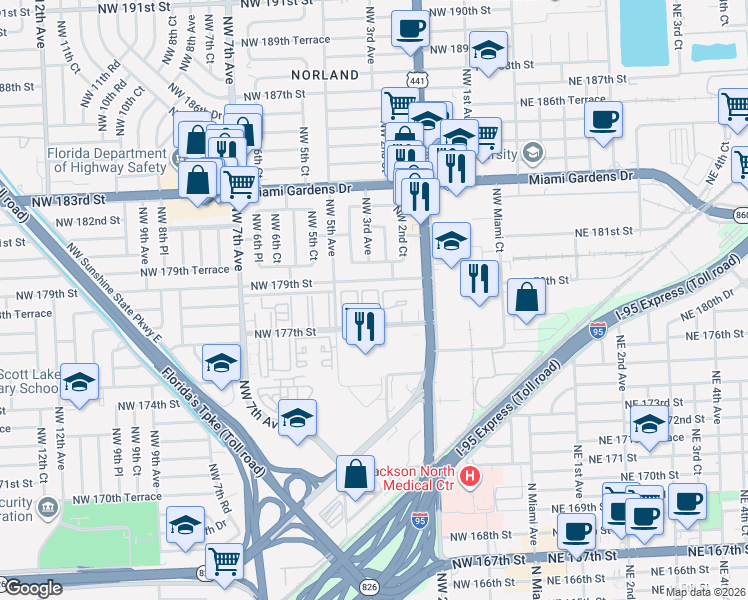 map of restaurants, bars, coffee shops, grocery stores, and more near 395 Northwest 177th Street in Miami
