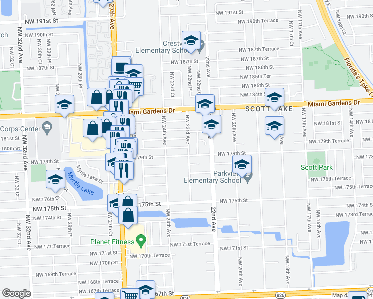 map of restaurants, bars, coffee shops, grocery stores, and more near 2300 Northwest 179th Terrace in Miami Gardens