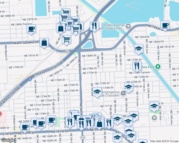 map of restaurants, bars, coffee shops, grocery stores, and more near 661 Northeast 177th Street in Miami