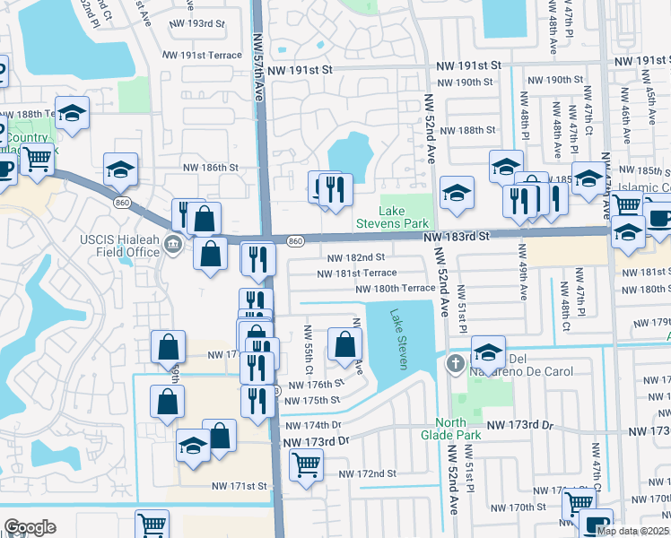 map of restaurants, bars, coffee shops, grocery stores, and more near 5431 Northwest 181st Terrace in Miami Gardens
