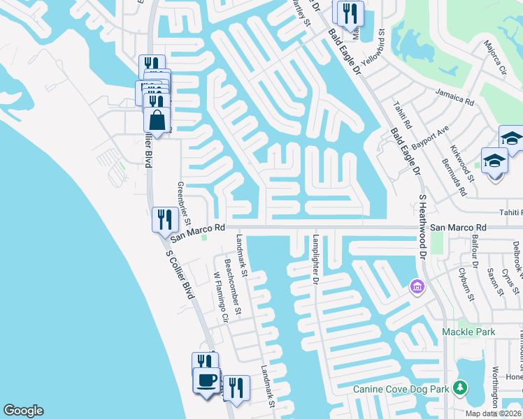 map of restaurants, bars, coffee shops, grocery stores, and more near 40 Copperfield Court in Marco Island