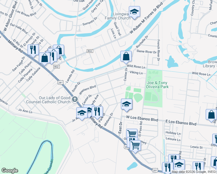 map of restaurants, bars, coffee shops, grocery stores, and more near 243 Center Drive in Brownsville