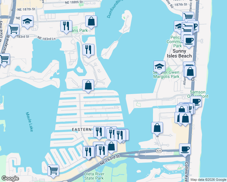 map of restaurants, bars, coffee shops, grocery stores, and more near 3912 Northeast 171 Street in North Miami Beach