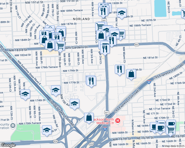 map of restaurants, bars, coffee shops, grocery stores, and more near 395 Northwest 177th Street in Miami