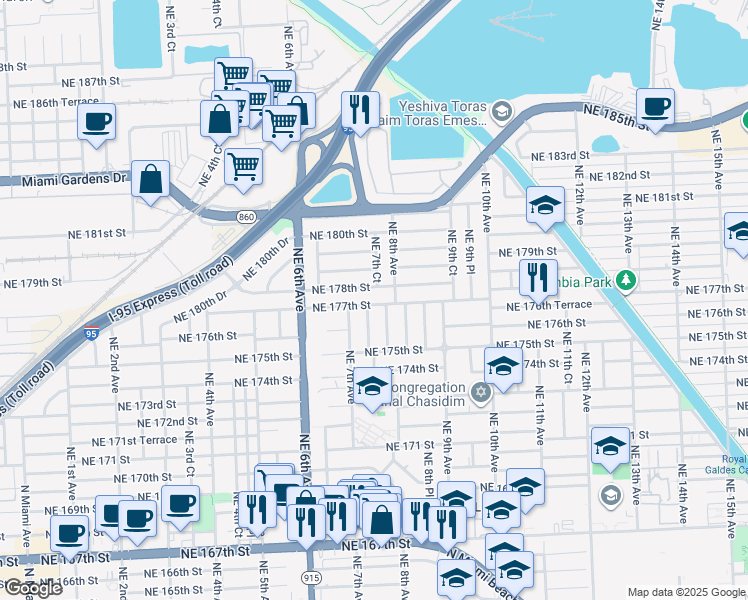 map of restaurants, bars, coffee shops, grocery stores, and more near 741 Northeast 177th Street in Miami