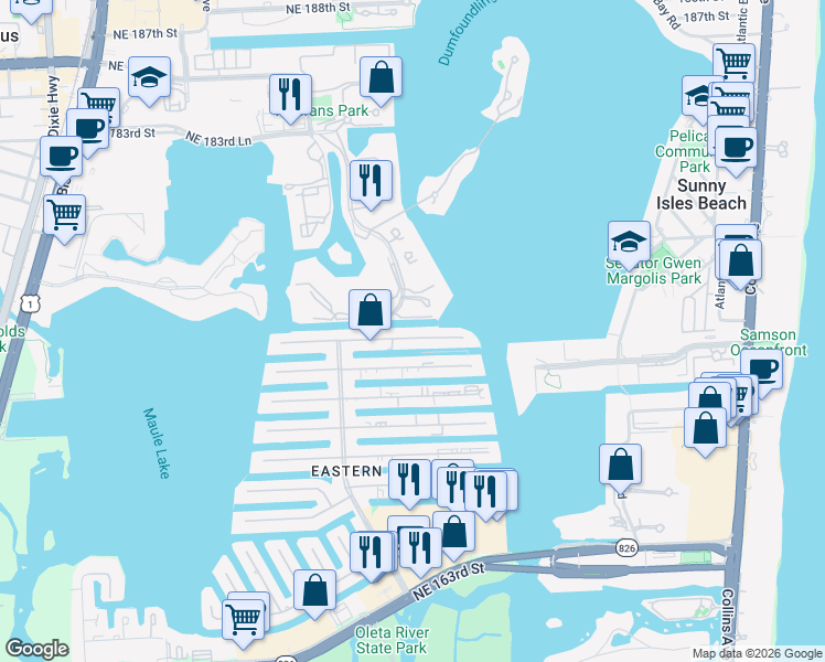 map of restaurants, bars, coffee shops, grocery stores, and more near 3745 Northeast 171 Street in North Miami Beach