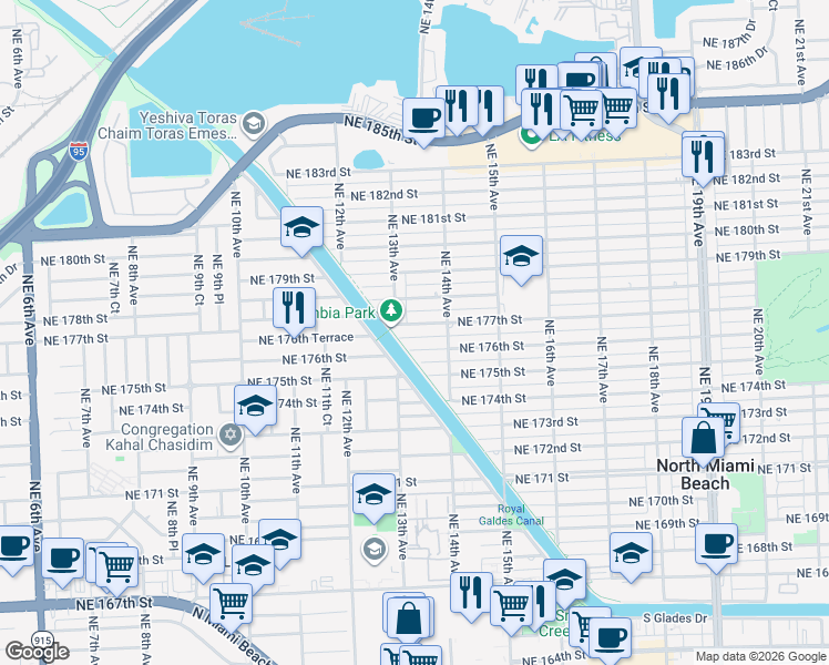 map of restaurants, bars, coffee shops, grocery stores, and more near 1348 Northeast 177th Street in North Miami Beach