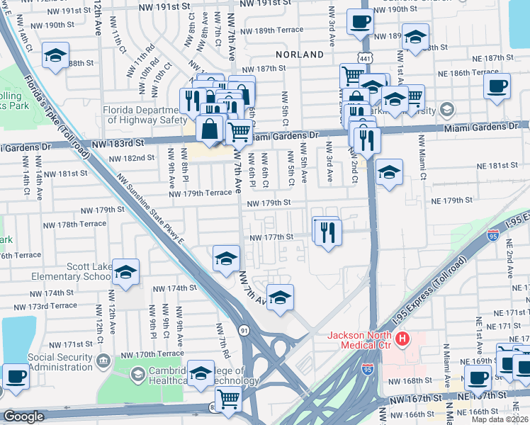 map of restaurants, bars, coffee shops, grocery stores, and more near 625 Northwest 177th Street in Miami Gardens