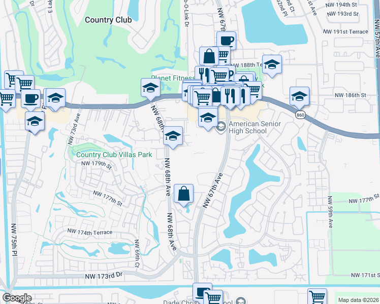 map of restaurants, bars, coffee shops, grocery stores, and more near 6752 Northwest 182nd Street in Hialeah