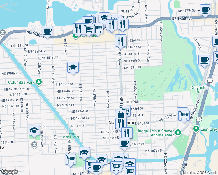 map of restaurants, bars, coffee shops, grocery stores, and more near 1801 Northeast 176th Street in North Miami Beach