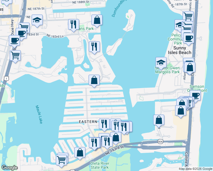 map of restaurants, bars, coffee shops, grocery stores, and more near 3745 Northeast 171 Street in North Miami Beach